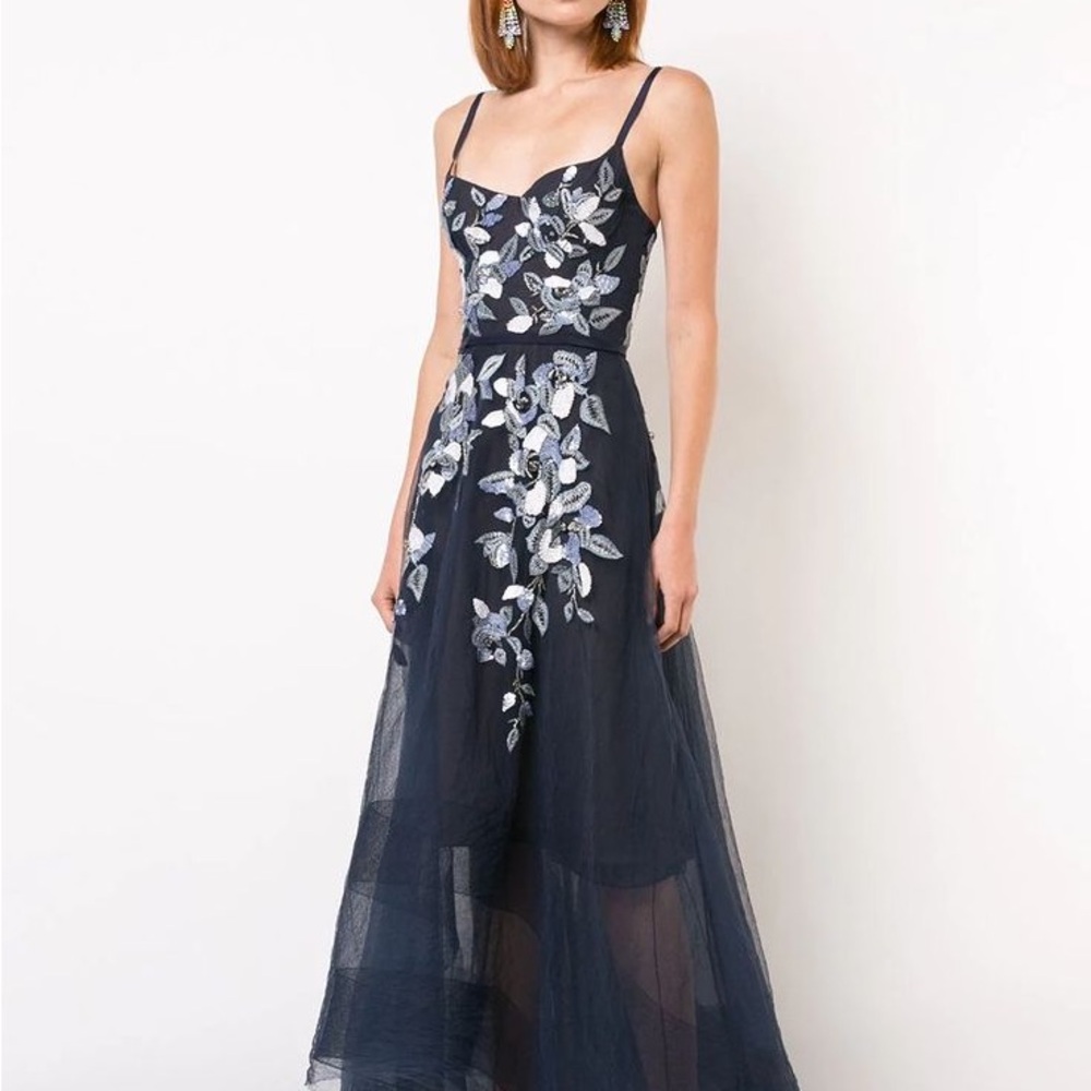 Marchesa Notte EMBROIDERED TULLE HIGH-LOW GOWN IN NAVY